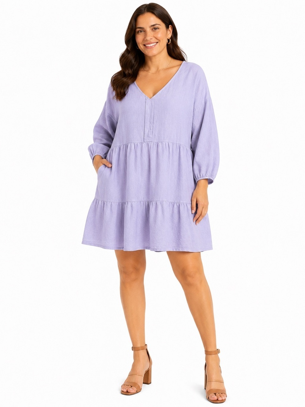 Bellambra Made In Italy Lavender Long Sleeve Linen Blend Tiered Mini Dress L